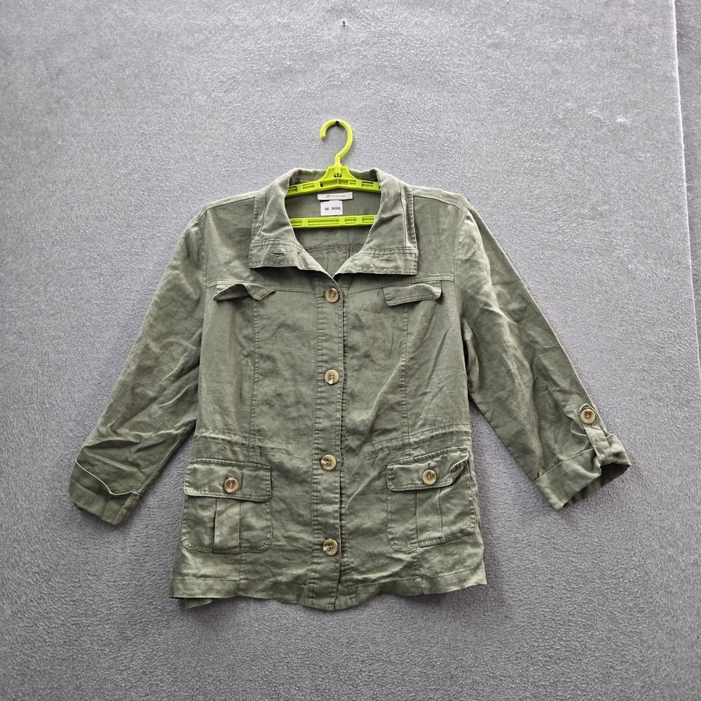 JM Collection Women Button Up Shirt 1X Green Linen Utility Shirt Coastal